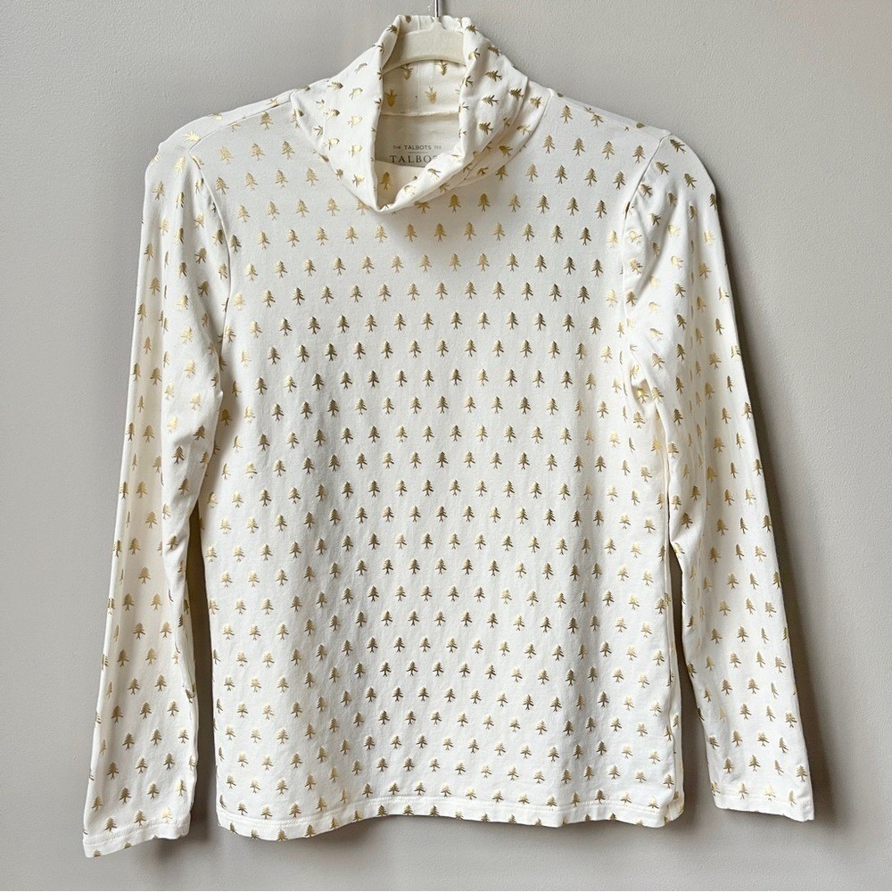 Talbots Turtleneck Women's Small Petite Cream Gold Christmas Tree Festive Office